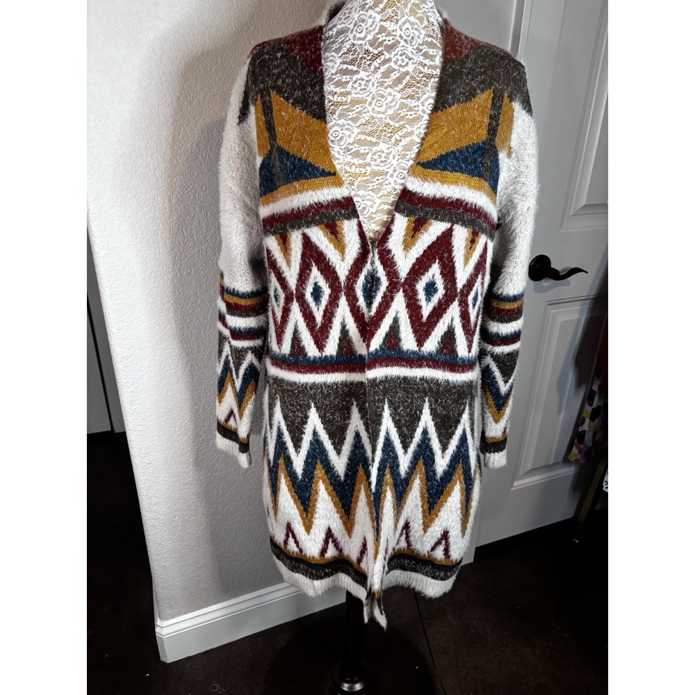 MM by My Michelle Geometric Coat Duster Open Front Cardigan Sweater Multi Med